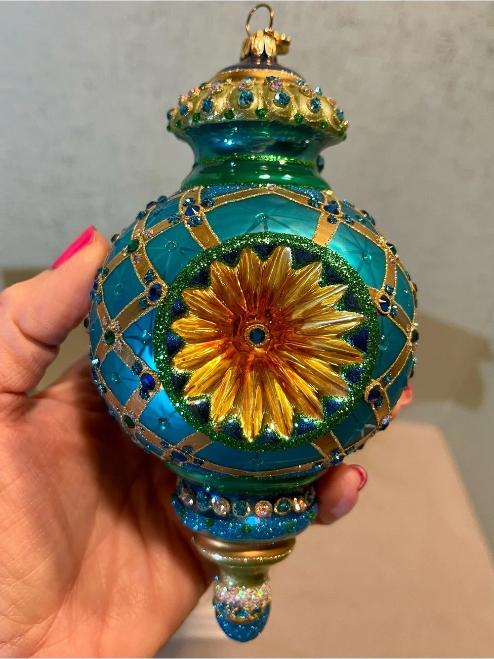 VINTAGE REED & BARTON EUROPEAN HANDCRAFTED Teal & Gold Glass Ornament RARE FIND